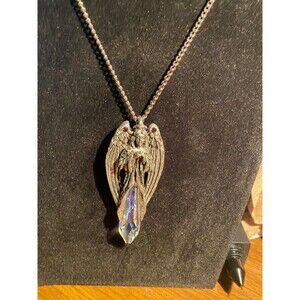 Comstock Creations Pewter Angel Pendant Necklace Aurora Borealis Crystal Prism